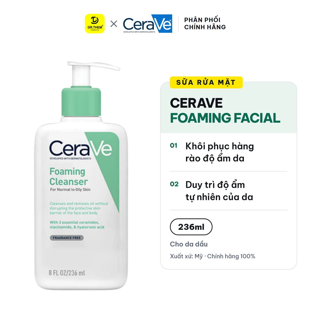 Sữa Rửa Mặt CeraVe Foaming Facial Cleanser Tạo Bọt Làm Sạch Sâu Cho Da Dầu, Ceramides 236ml
