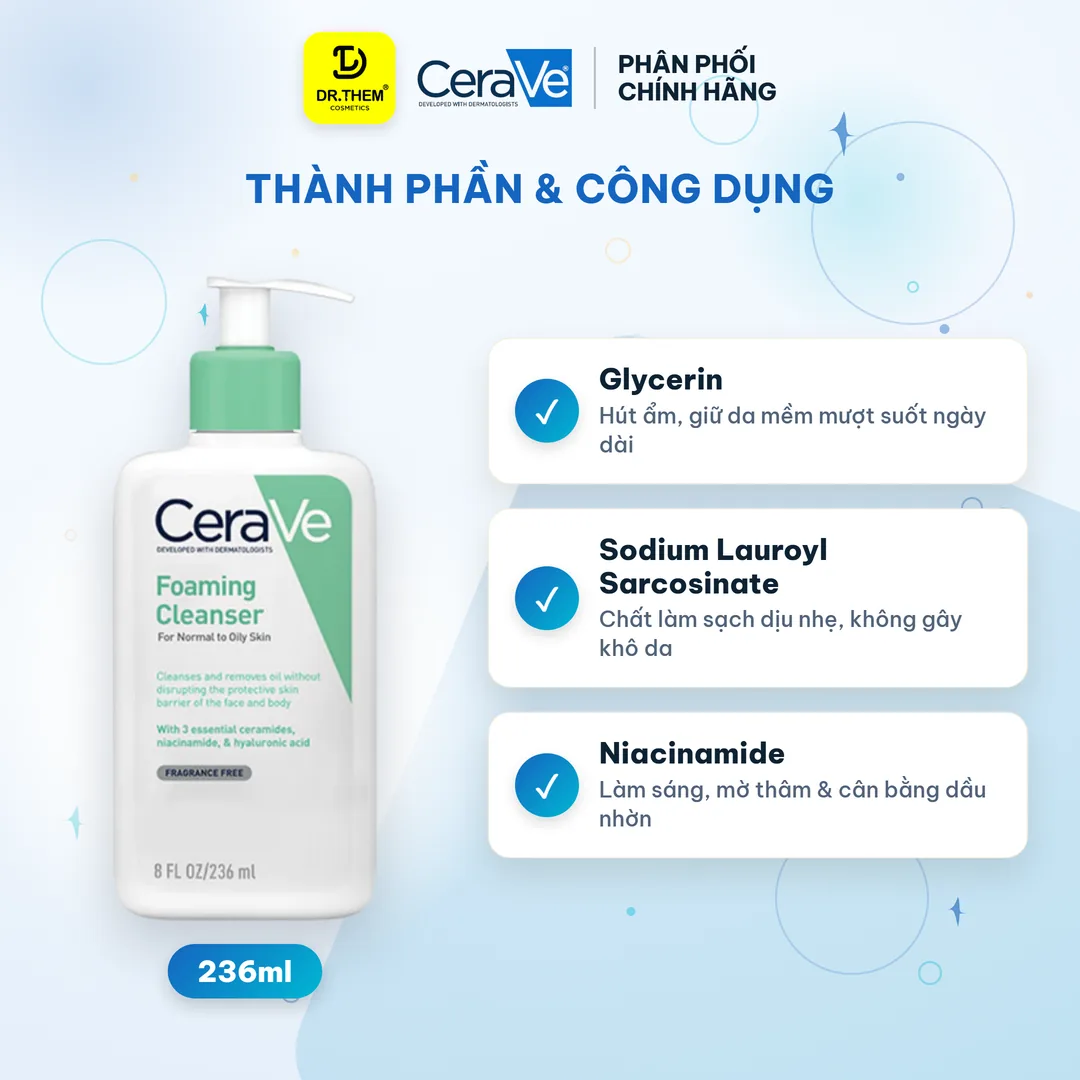 Sữa Rửa Mặt CeraVe Foaming Facial Cleanser Tạo Bọt Làm Sạch Sâu Cho Da Dầu, Ceramides 236ml 2