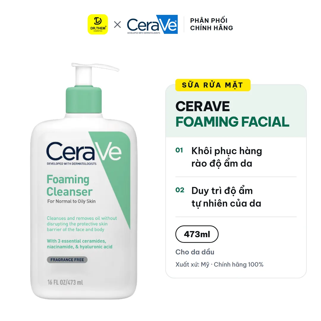 Sữa Rửa Mặt CeraVe Foaming Facial Cleanser Tạo Bọt Làm Sạch Sâu Cho Da Dầu, Ceramides 473ml