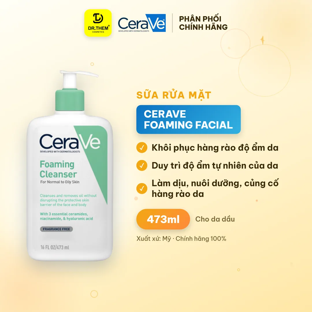 Sữa Rửa Mặt CeraVe Foaming Facial Cleanser Tạo Bọt Làm Sạch Sâu Cho Da Dầu, Ceramides 473ml