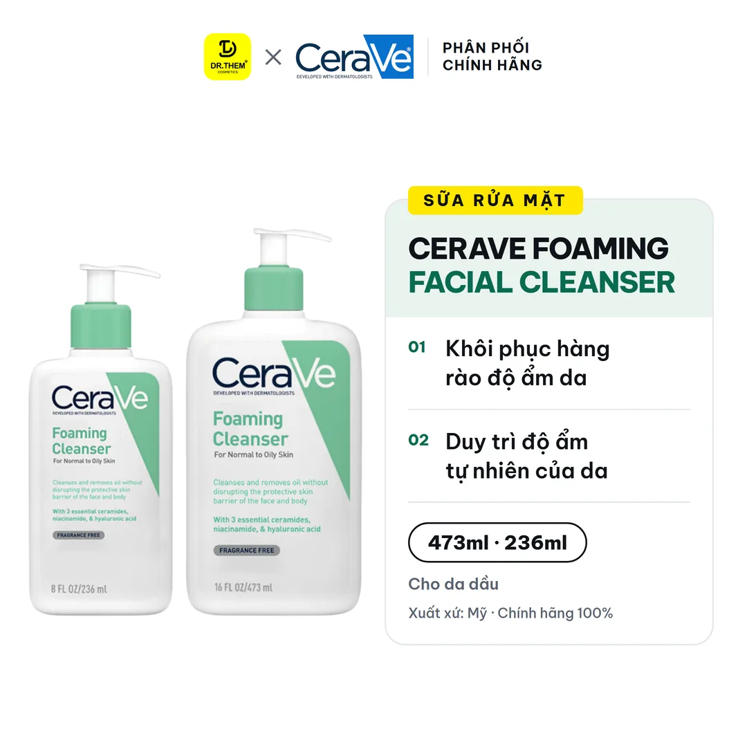 Sữa Rửa Mặt CeraVe Foaming Facial Cleanser Tạo Bọt Làm Sạch Sâu Kiềm Dầu Cho Da Thường Đến Da Dầu 88ml/236ml/473ml