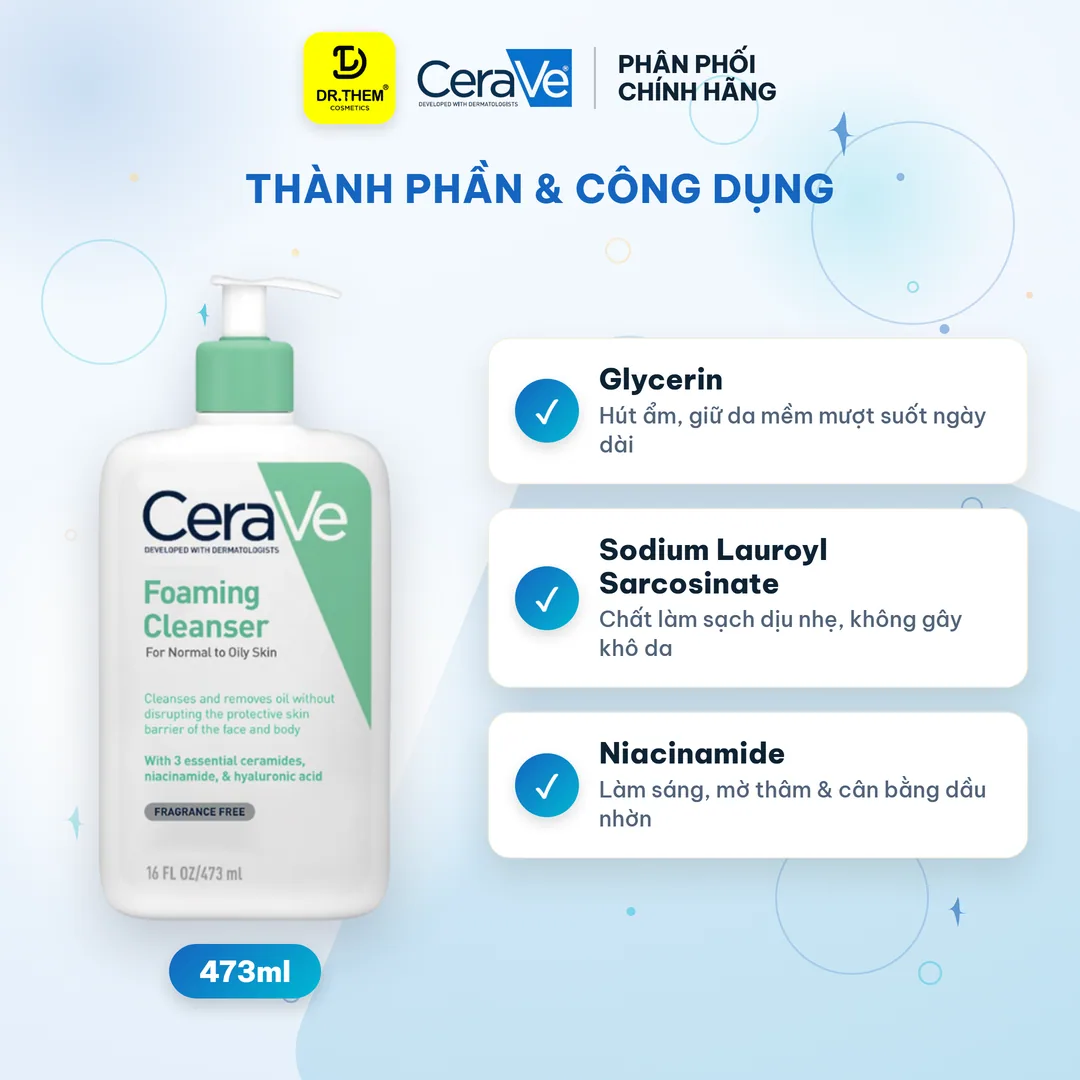Sữa Rửa Mặt CeraVe Foaming Facial Cleanser Tạo Bọt Làm Sạch Sâu Cho Da Dầu, Ceramides 473ml 2