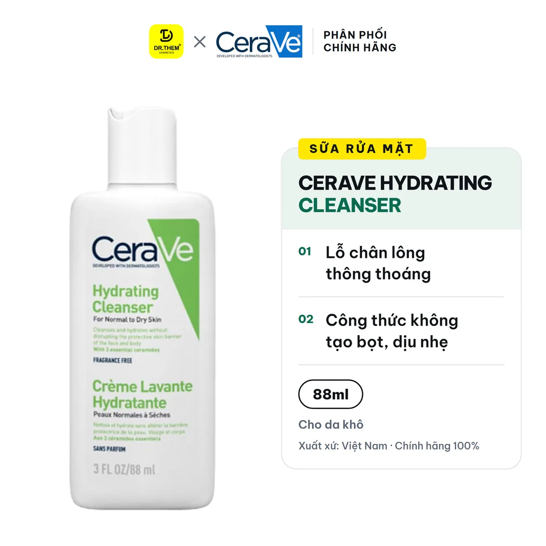 Sữa Rửa Mặt CeraVe Hydrating Cleanser Làm Sạch Dịu Nhẹ Cấp Ẩm Cho Da Thường Đến Da Khô 88ml
