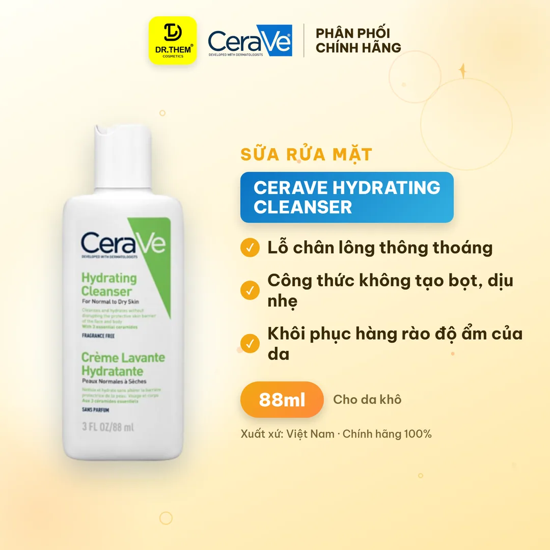 Sữa Rửa Mặt CeraVe Hydrating Cleanser Làm Sạch Dịu Nhẹ Cấp Ẩm Cho Da Thường Đến Da Khô 88ml