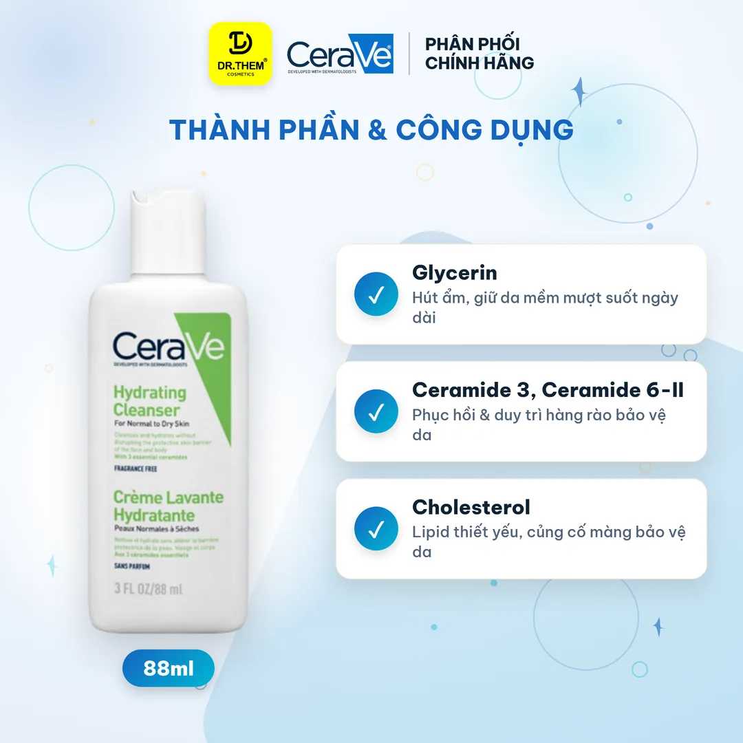 Sữa Rửa Mặt CeraVe Hydrating Cleanser Làm Sạch Dịu Nhẹ Cấp Ẩm Cho Da Thường Đến Da Khô 88ml 2