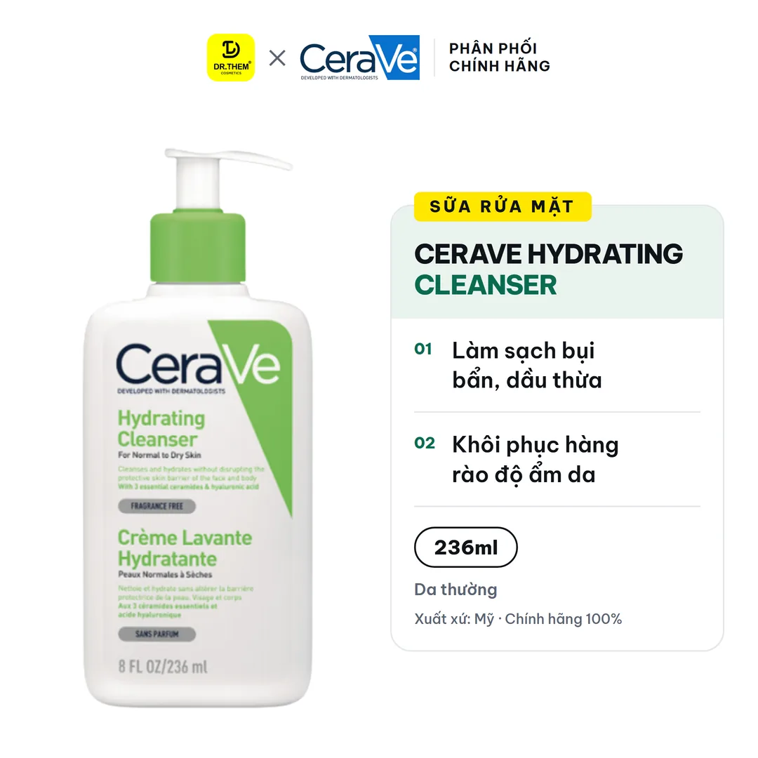 Sữa Rửa Mặt CeraVe Hydrating Cleanser Làm Sạch Dịu Nhẹ, Cấp Ẩm Cho Da Thường Khô 236ml