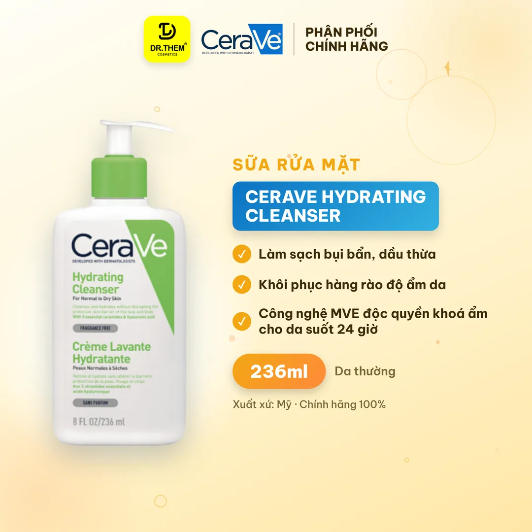 Sữa Rửa Mặt CeraVe Hydrating Cleanser Làm Sạch Dịu Nhẹ, Cấp Ẩm Cho Da Thường Khô 236ml