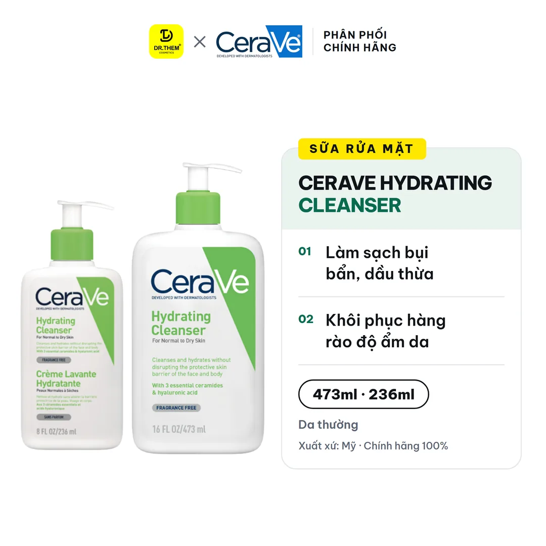 Sữa Rửa Mặt CeraVe Hydrating Cleanser Làm Sạch Dịu Nhẹ Cấp Ẩm Cho Da Thường Đến Da Khô 88ml/236ml/473ml