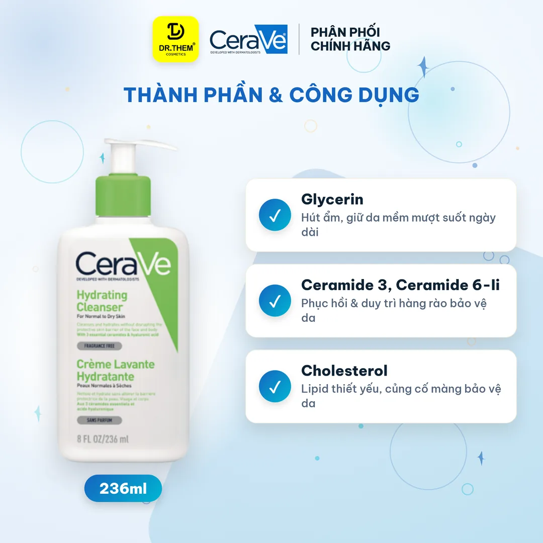 Sữa Rửa Mặt CeraVe Hydrating Cleanser Làm Sạch Dịu Nhẹ, Cấp Ẩm Cho Da Thường Khô 236ml 2