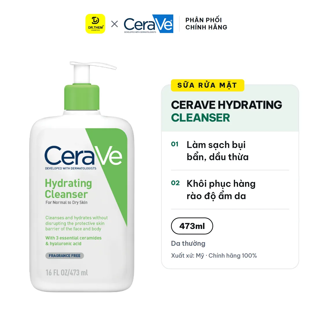 Sữa Rửa Mặt CeraVe Hydrating Cleanser Làm Sạch Dịu Nhẹ, Cấp Ẩm Cho Da Thường Khô 473ml