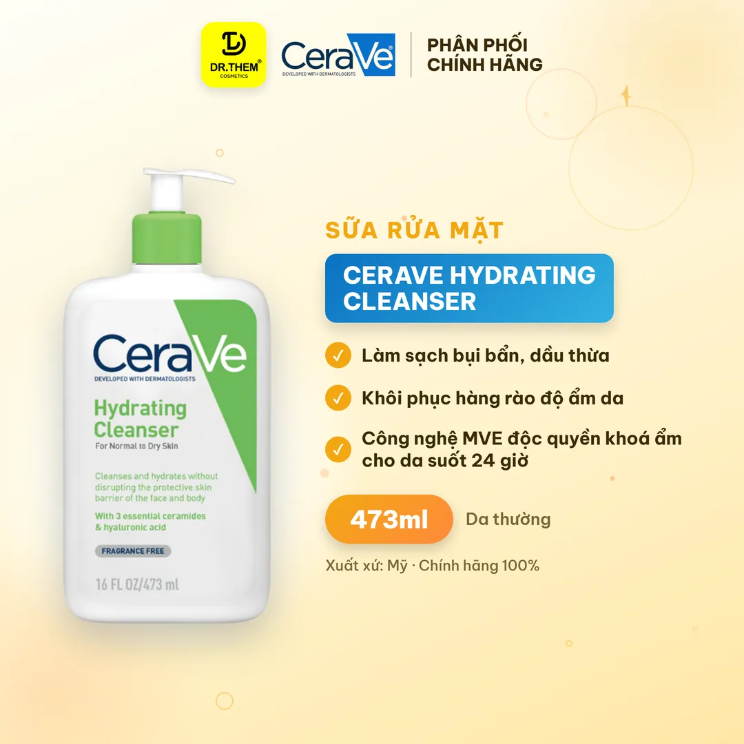Sữa Rửa Mặt CeraVe Hydrating Cleanser Làm Sạch Dịu Nhẹ, Cấp Ẩm Cho Da Thường Khô 473ml