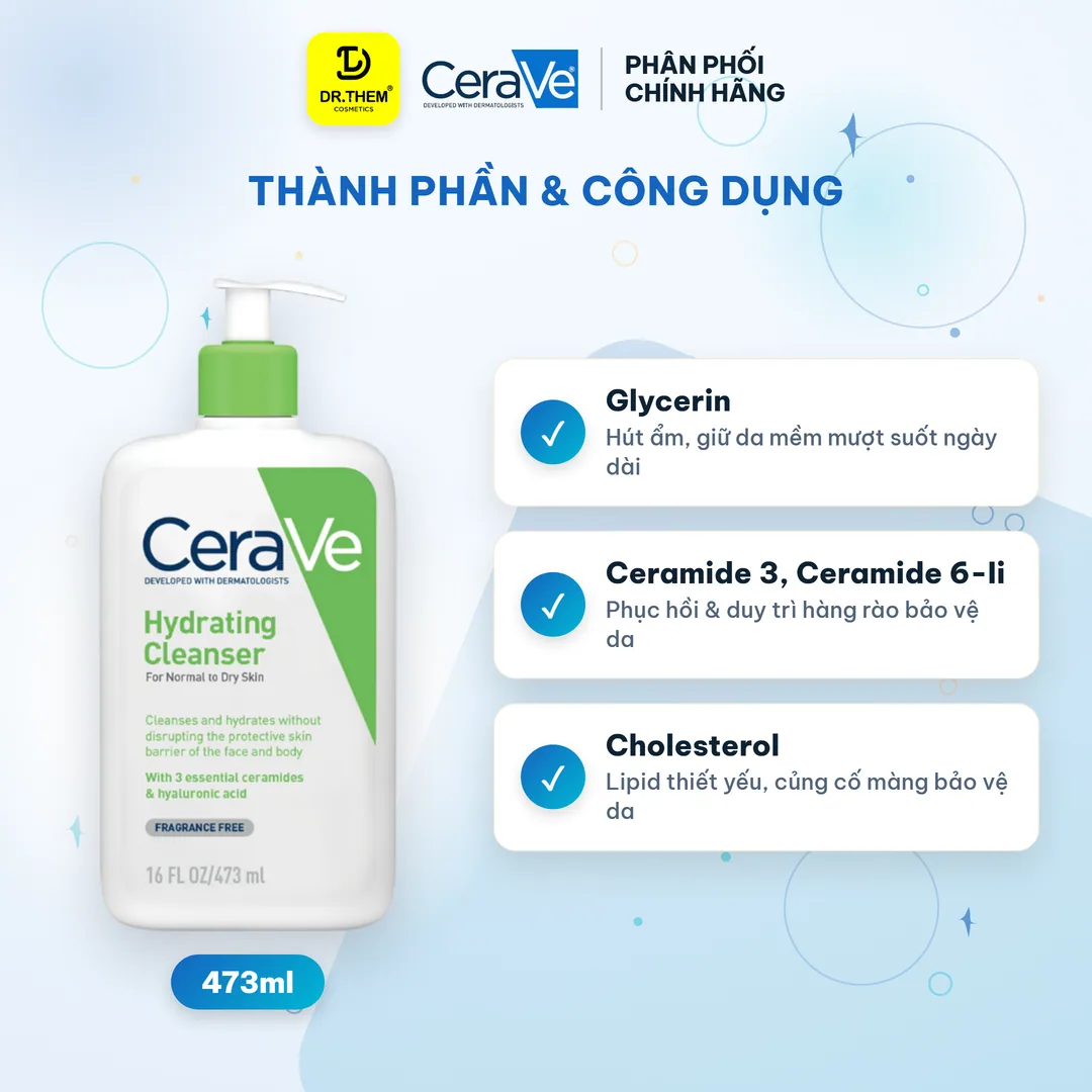 Sữa Rửa Mặt CeraVe Hydrating Cleanser Làm Sạch Dịu Nhẹ, Cấp Ẩm Cho Da Thường Khô 473ml 2