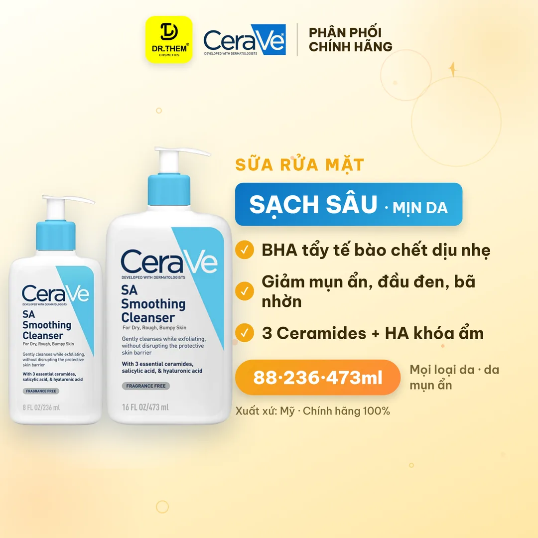 Sữa Rửa Mặt CeraVe SA Smoothing Cleanser BHA Tẩy Tế Bào Chết Hỗ Trợ Giảm Mụn Ẩn Cho Da Sần Sùi 88ml/236ml/473ml