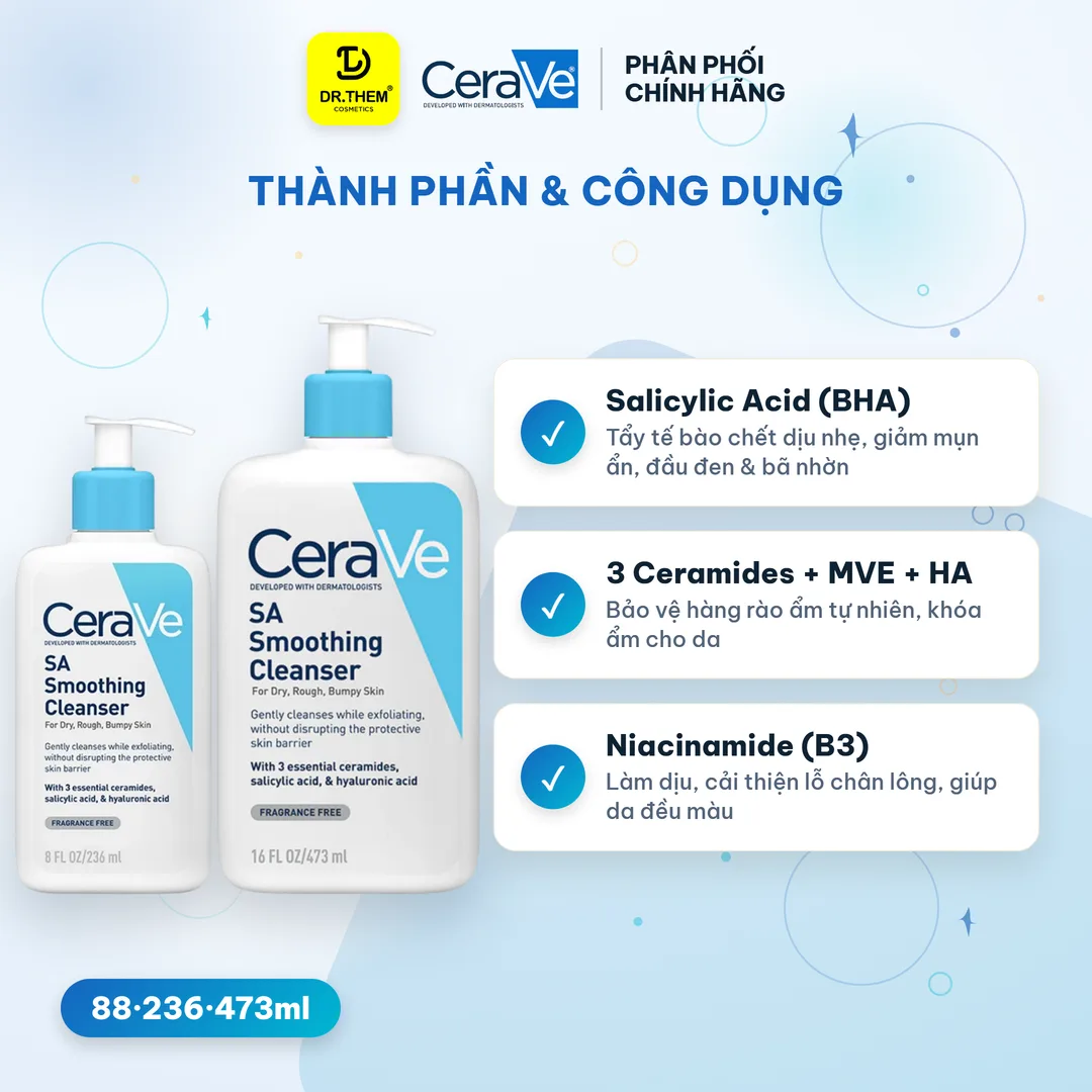 Sữa Rửa Mặt CeraVe SA Smoothing Cleanser BHA Tẩy Tế Bào Chết Hỗ Trợ Giảm Mụn Ẩn Cho Da Sần Sùi 88ml/236ml/473ml 2