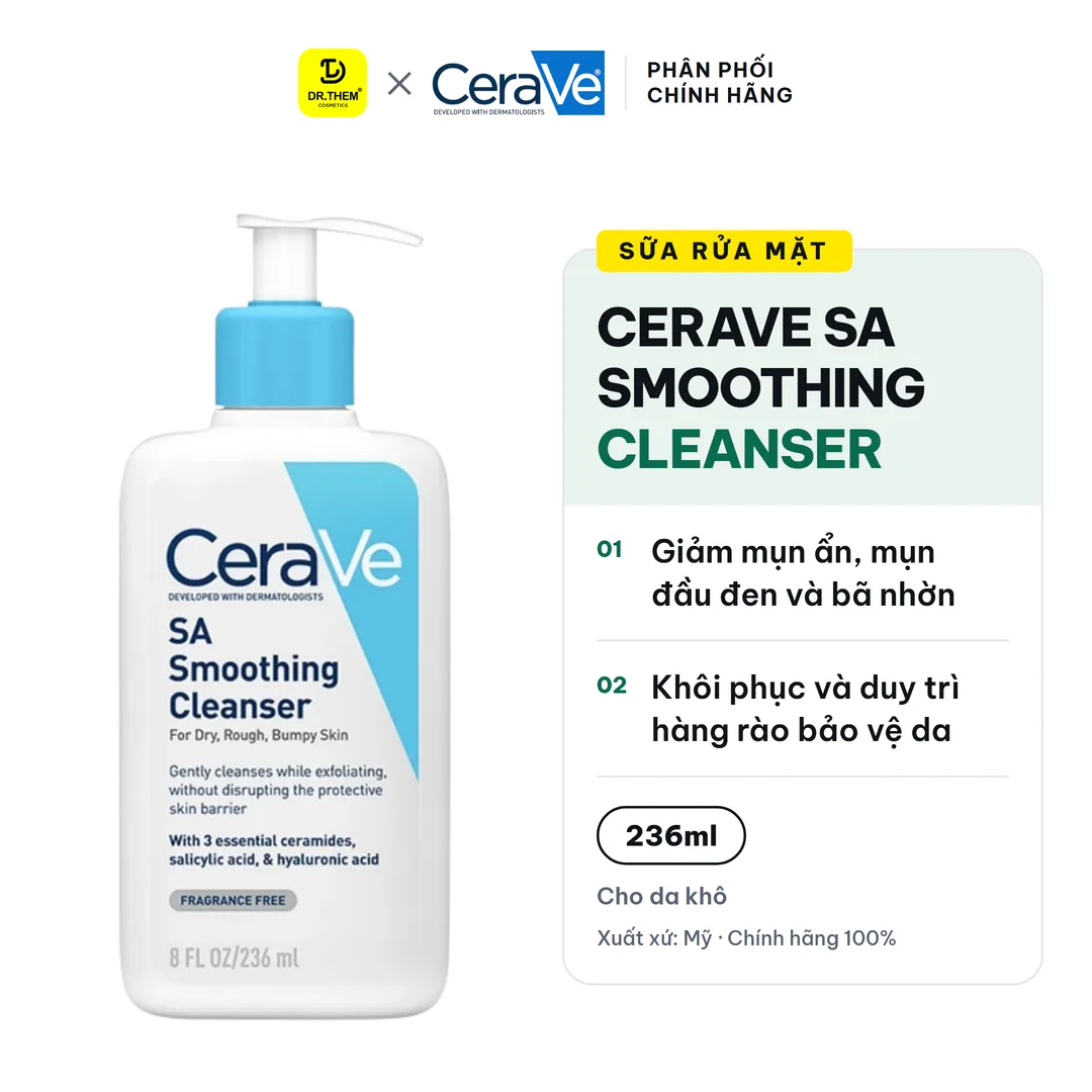 Sữa Rửa Mặt CeraVe SA Smoothing Cleanser BHA Tẩy Tế Bào Chết Hỗ Trợ Giảm Mụn Ẩn Cho Da Sần Sùi 236ml