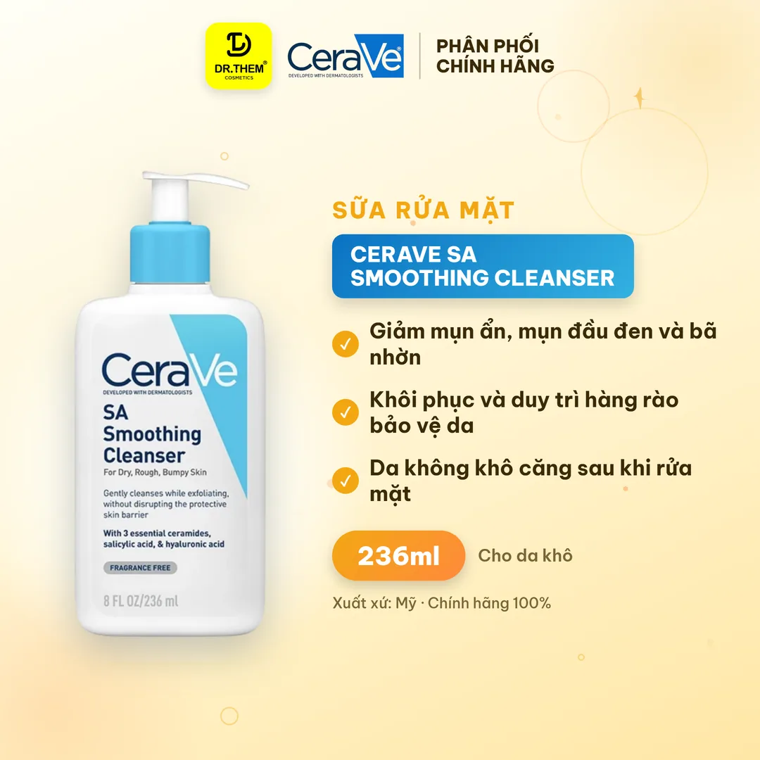Sữa Rửa Mặt CeraVe SA Smoothing Cleanser BHA Tẩy Tế Bào Chết Hỗ Trợ Giảm Mụn Ẩn Cho Da Sần Sùi 88ml/236ml/473ml
