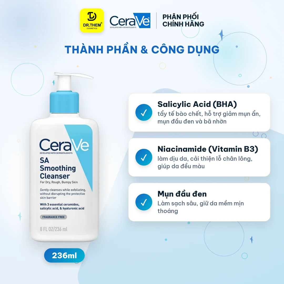 Sữa Rửa Mặt CeraVe SA Smoothing Cleanser BHA Tẩy Tế Bào Chết Hỗ Trợ Giảm Mụn Ẩn Cho Da Sần Sùi 236ml 2