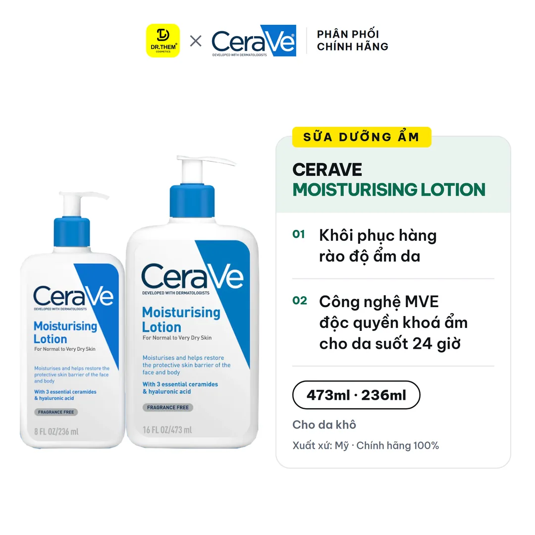 Sữa Dưỡng Ẩm CeraVe Moisturising Lotion Cấp Ẩm Phục Hồi Da Cho Da Thường Đến Da Khô 88ml 236ml 473ml