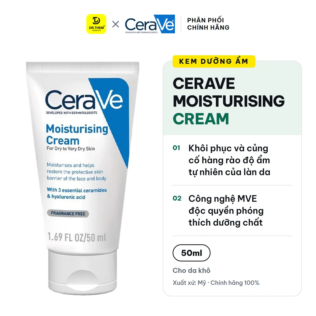 Kem Dưỡng Ẩm CeraVe Moisturising Cream Phục Hồi Hàng Rào Độ Ẩm Cho Da Khô Đến Rất Khô 50ml