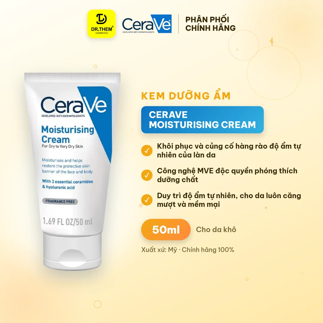 Kem Dưỡng Ẩm CeraVe Moisturising Cream Phục Hồi Hàng Rào Độ Ẩm Cho Da Khô Đến Rất Khô 50ml