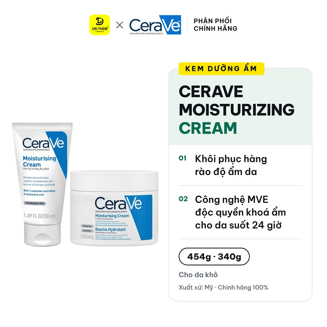 Kem Dưỡng Ẩm CeraVe Moisturising Cream Phục Hồi Hàng Rào Độ Ẩm Cho Da Khô Đến Rất Khô 50ml 340g 454g