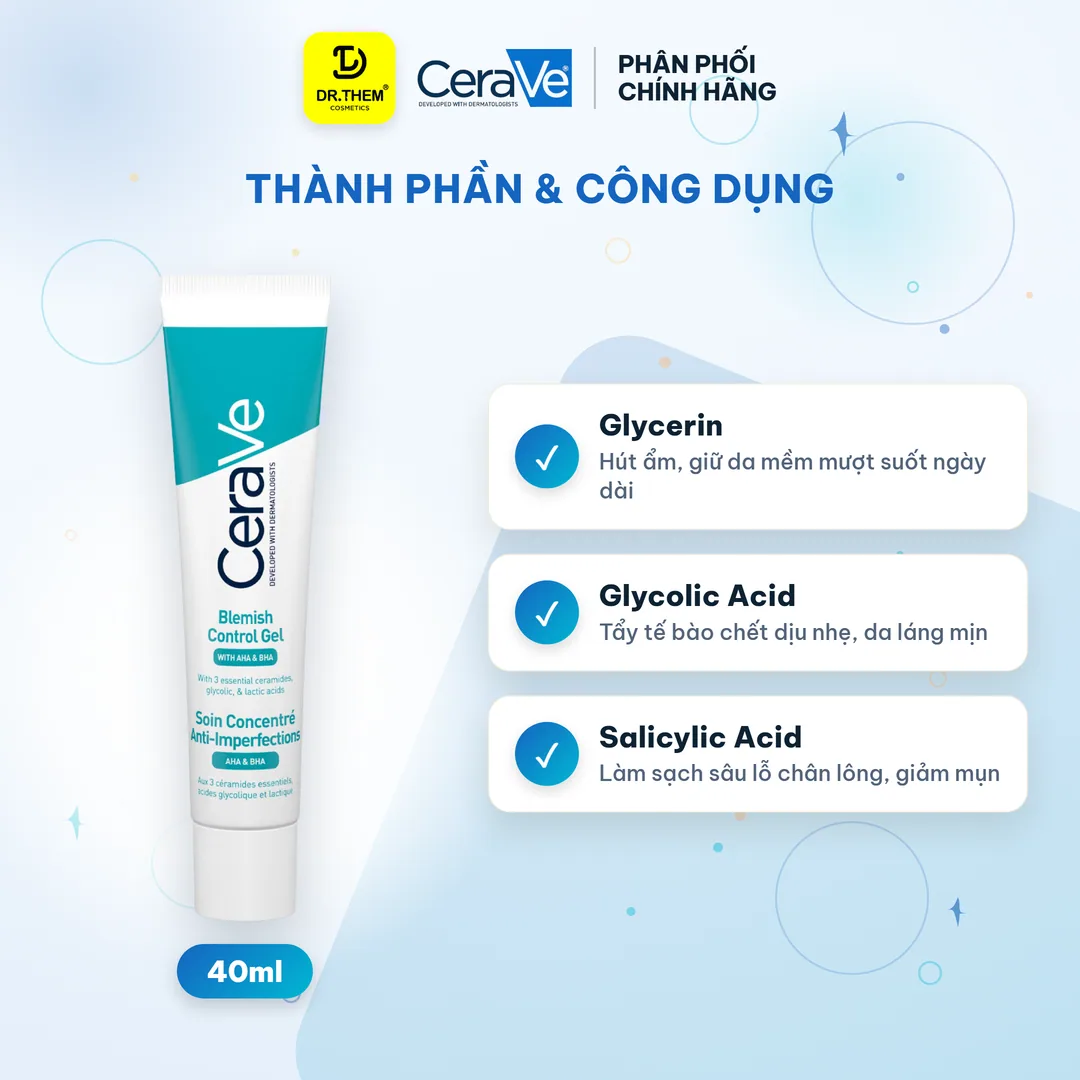 Gel Giảm Mụn CeraVe Blemish Control Gel AHA BHA Hỗ Trợ Mờ Thâm Se Khít Lỗ Chân Lông Cho Da Dầu Mụn 40ml 6