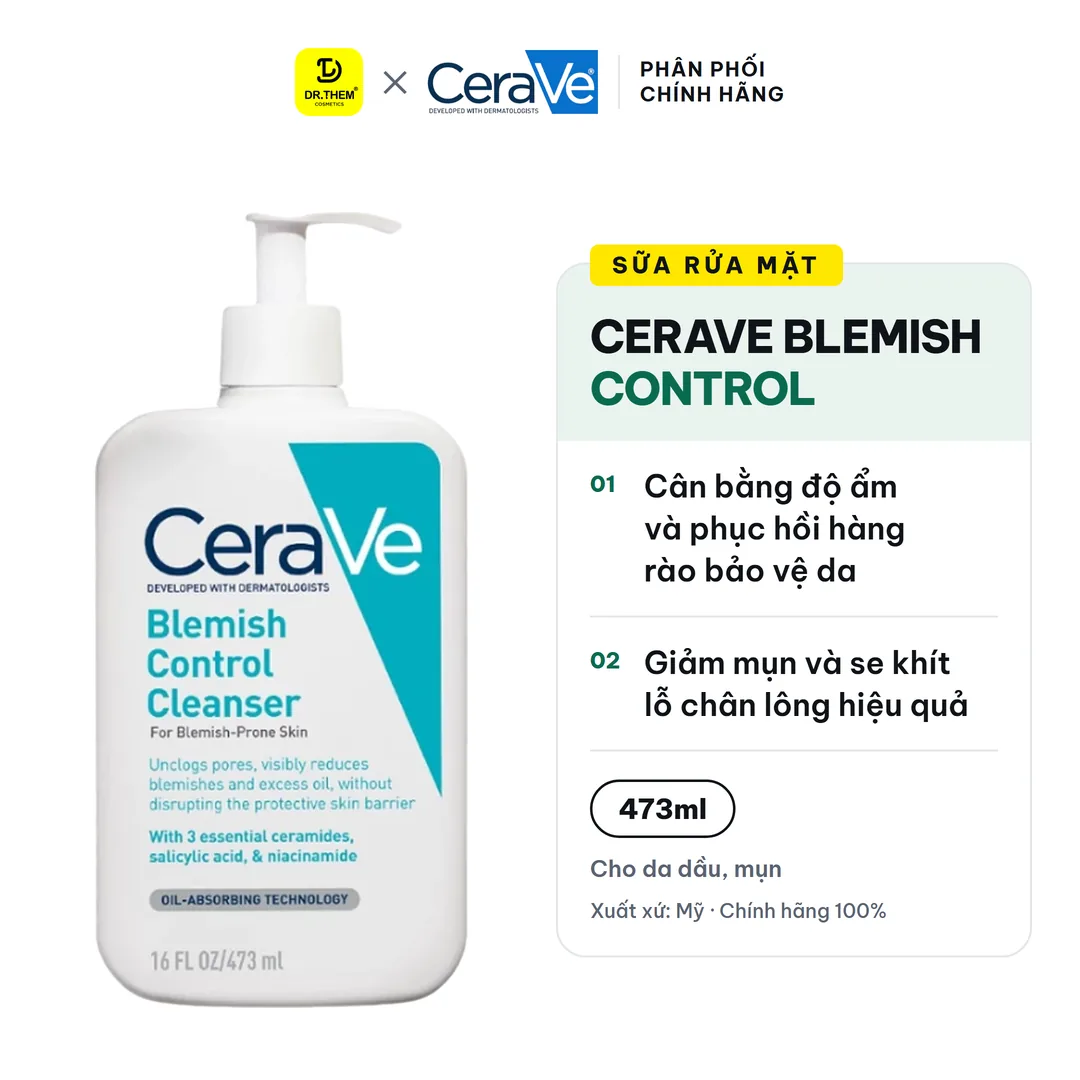 Sữa Rửa Mặt CeraVe Blemish Control Cleanser Giảm Mụn, 2% Salicylic Acid, Đất Sét 473ml