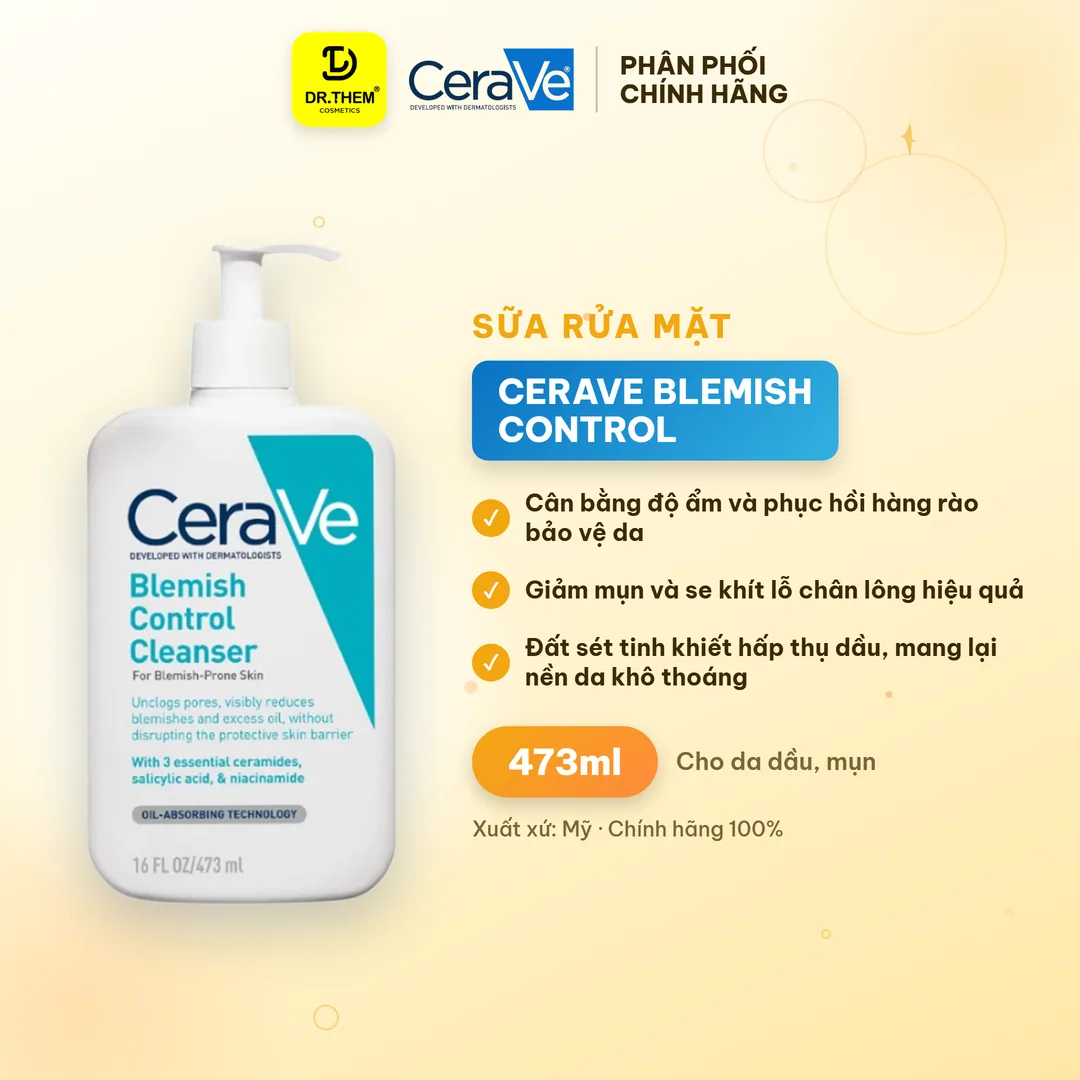 Sữa Rửa Mặt CeraVe Blemish Control Cleanser Giảm Mụn, 2% Salicylic Acid, Đất Sét 473ml