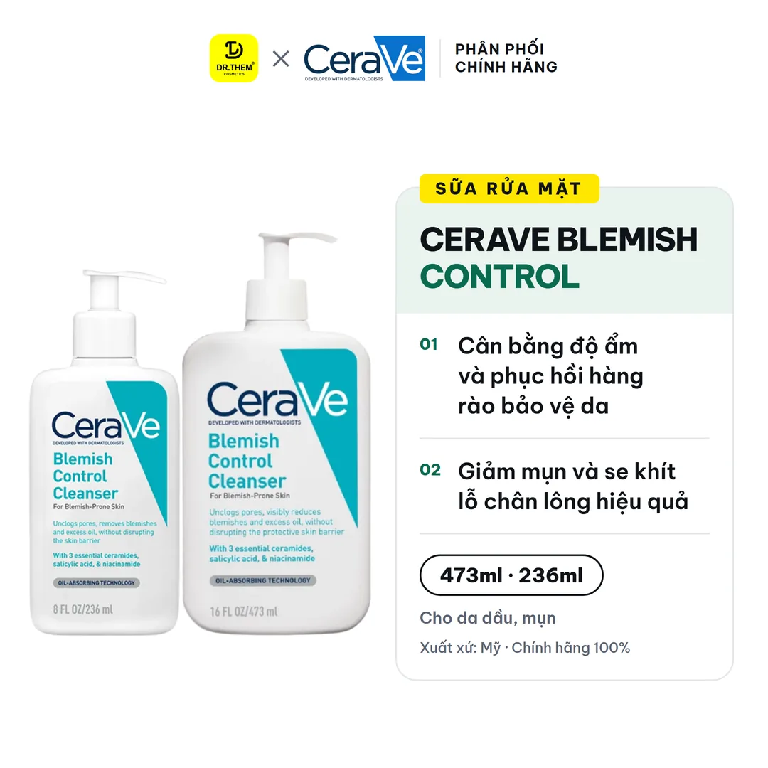 Sữa Rửa Mặt CeraVe Blemish Control Cleanser 2% Salicylic Acid Làm Sạch Sâu Hỗ Trợ Giảm Mụn Cho Da Dầu Mụn 88ml/236ml/473ml