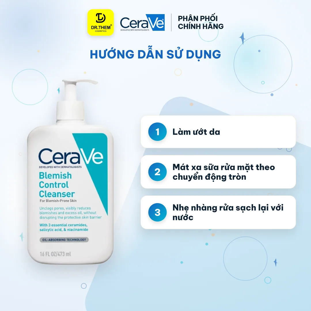 Sữa Rửa Mặt CeraVe Blemish Control Cleanser Giảm Mụn, 2% Salicylic Acid, Đất Sét 473ml 3