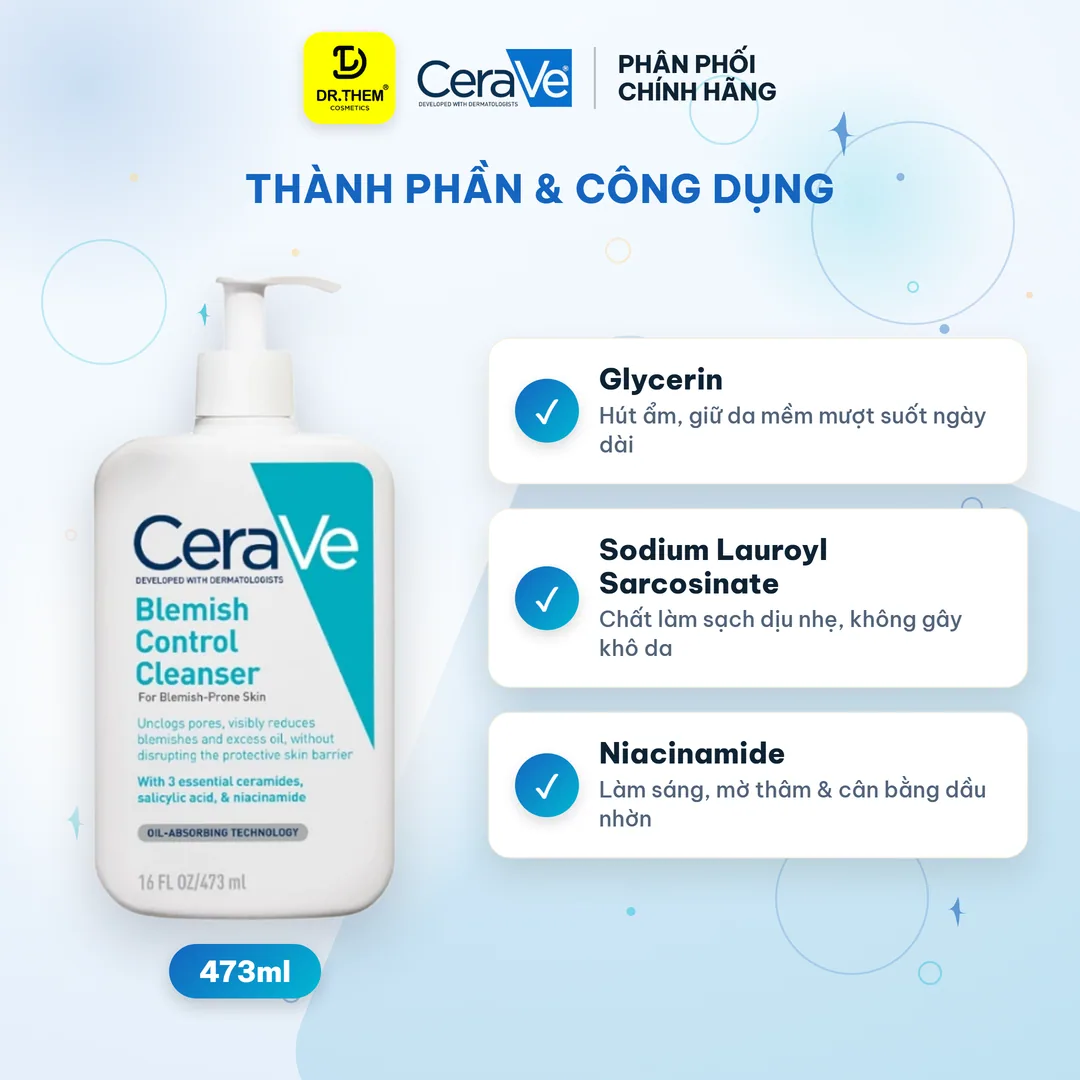Sữa Rửa Mặt CeraVe Blemish Control Cleanser Giảm Mụn, 2% Salicylic Acid, Đất Sét 473ml 2