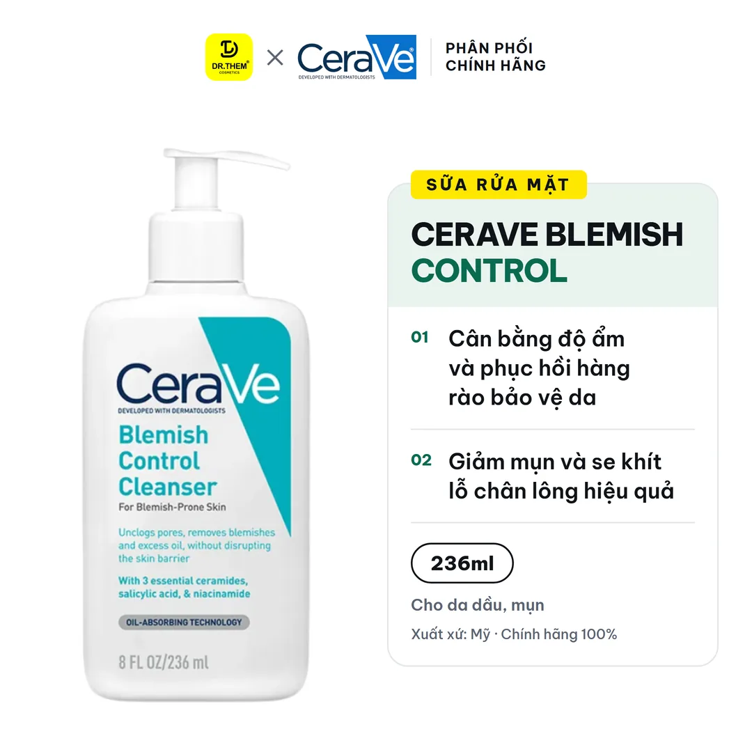 Sữa Rửa Mặt CeraVe Blemish Control Cleanser Giảm Mụn, 2% Salicylic Acid, Đất Sét 236ml