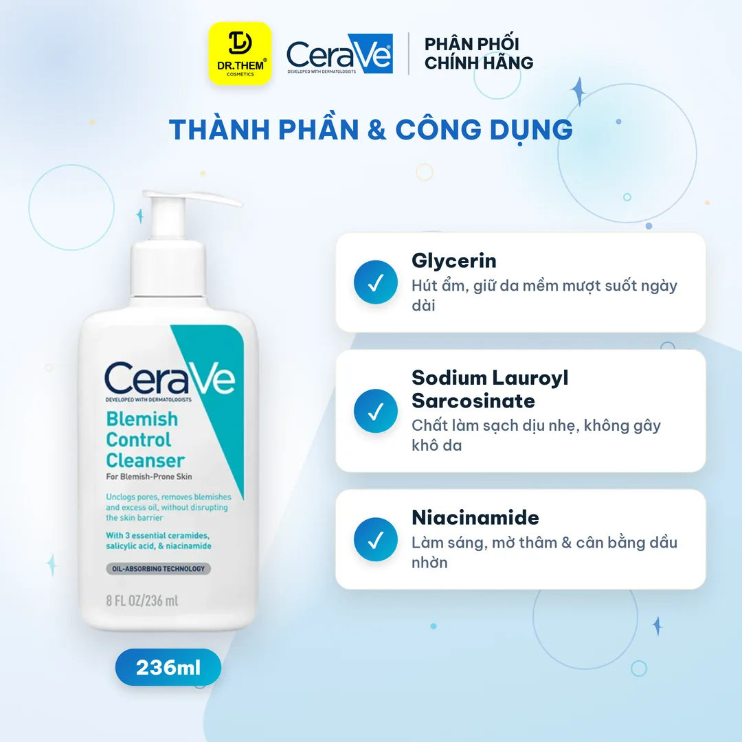 Sữa Rửa Mặt CeraVe Blemish Control Cleanser Giảm Mụn, 2% Salicylic Acid, Đất Sét 236ml 2