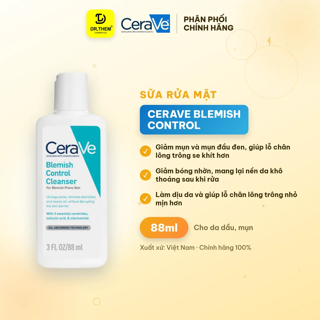 Sữa Rửa Mặt CeraVe Blemish Control Cleanser 2% Salicylic Acid Làm Sạch Sâu Hỗ Trợ Giảm Mụn Cho Da Dầu Mụn 88ml