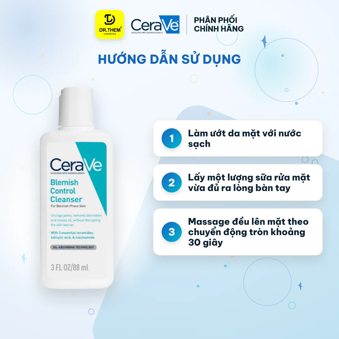 Sữa Rửa Mặt CeraVe Blemish Control Cleanser 2% Salicylic Acid Làm Sạch Sâu Hỗ Trợ Giảm Mụn Cho Da Dầu Mụn 88ml 3