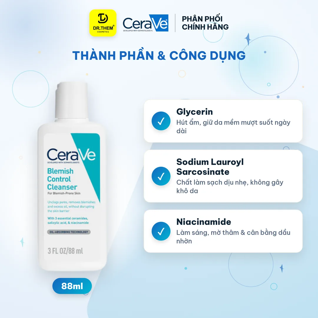 Sữa Rửa Mặt CeraVe Blemish Control Cleanser 2% Salicylic Acid Làm Sạch Sâu Hỗ Trợ Giảm Mụn Cho Da Dầu Mụn 88ml 2