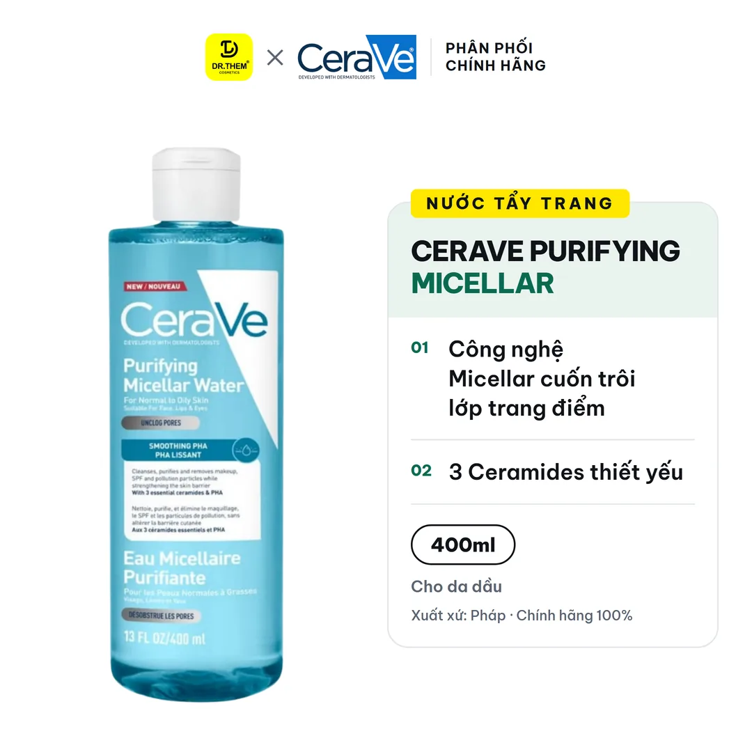 Nước Tẩy Trang CeraVe Purifying Micellar Water Làm Sạch Sâu Thông Thoáng Lỗ Chân Lông Cho Da Thường Đến Da Dầu 400ml