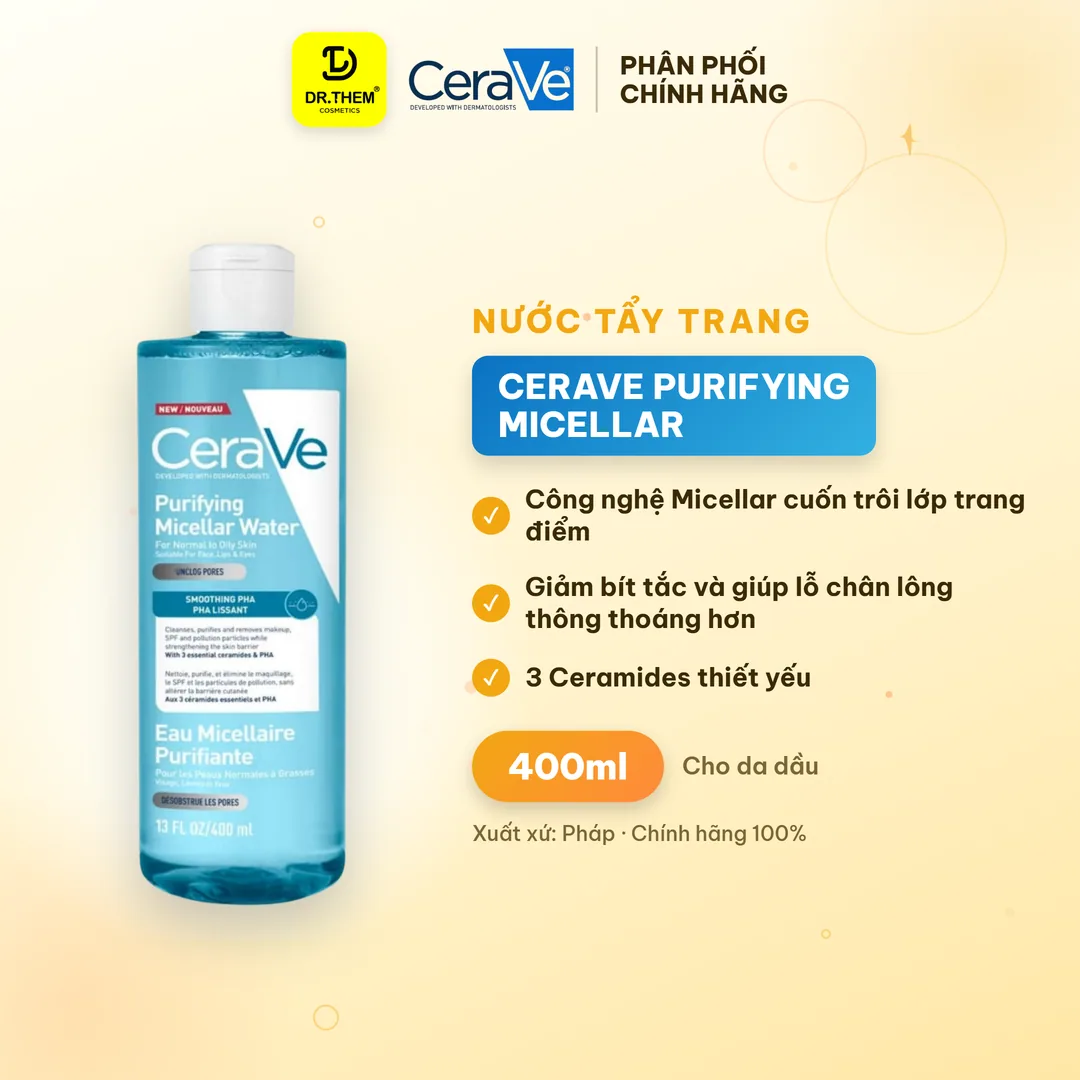 Nước Tẩy Trang CeraVe Purifying Micellar Water Làm Sạch Sâu Thông Thoáng Lỗ Chân Lông Cho Da Thường Đến Da Dầu 400ml