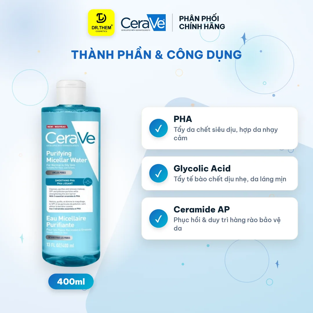 Nước Tẩy Trang CeraVe Purifying Micellar Water Làm Sạch Sâu Thông Thoáng Lỗ Chân Lông Cho Da Thường Đến Da Dầu 400ml 2