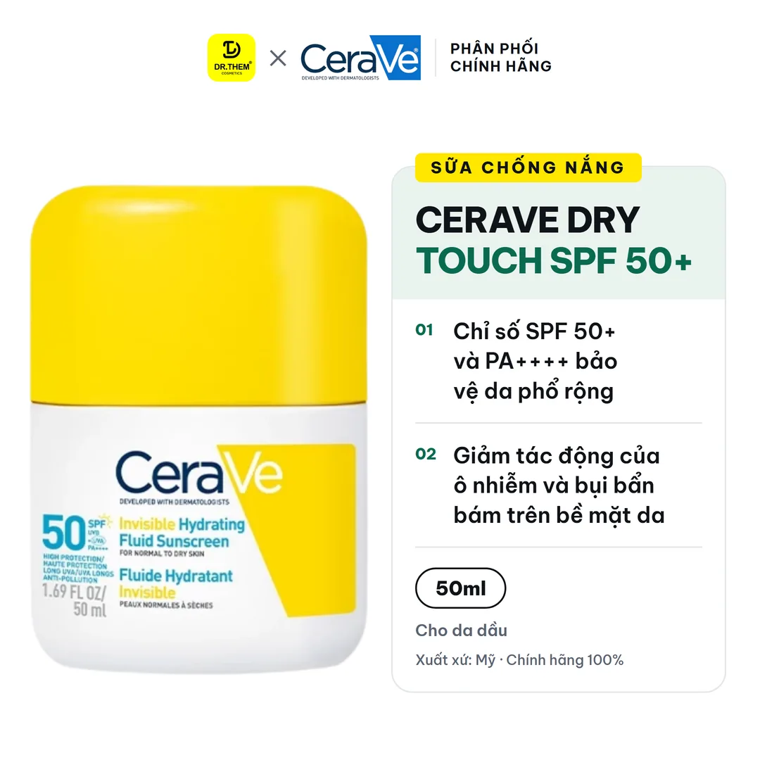 Sữa Chống Nắng CeraVe Dry Touch SPF 50+ PA++++ Kiềm Dầu 12 Giờ Mỏng Nhẹ Khô Thoáng Cho Da Thường Đến Da Dầu 50ml
