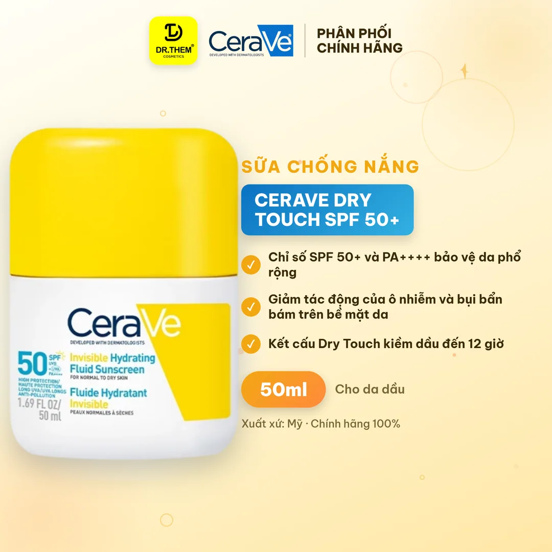 Sữa Chống Nắng CeraVe Dry Touch SPF 50+ PA++++ Kiềm Dầu 12 Giờ Mỏng Nhẹ Khô Thoáng Cho Da Thường Đến Da Dầu 50ml