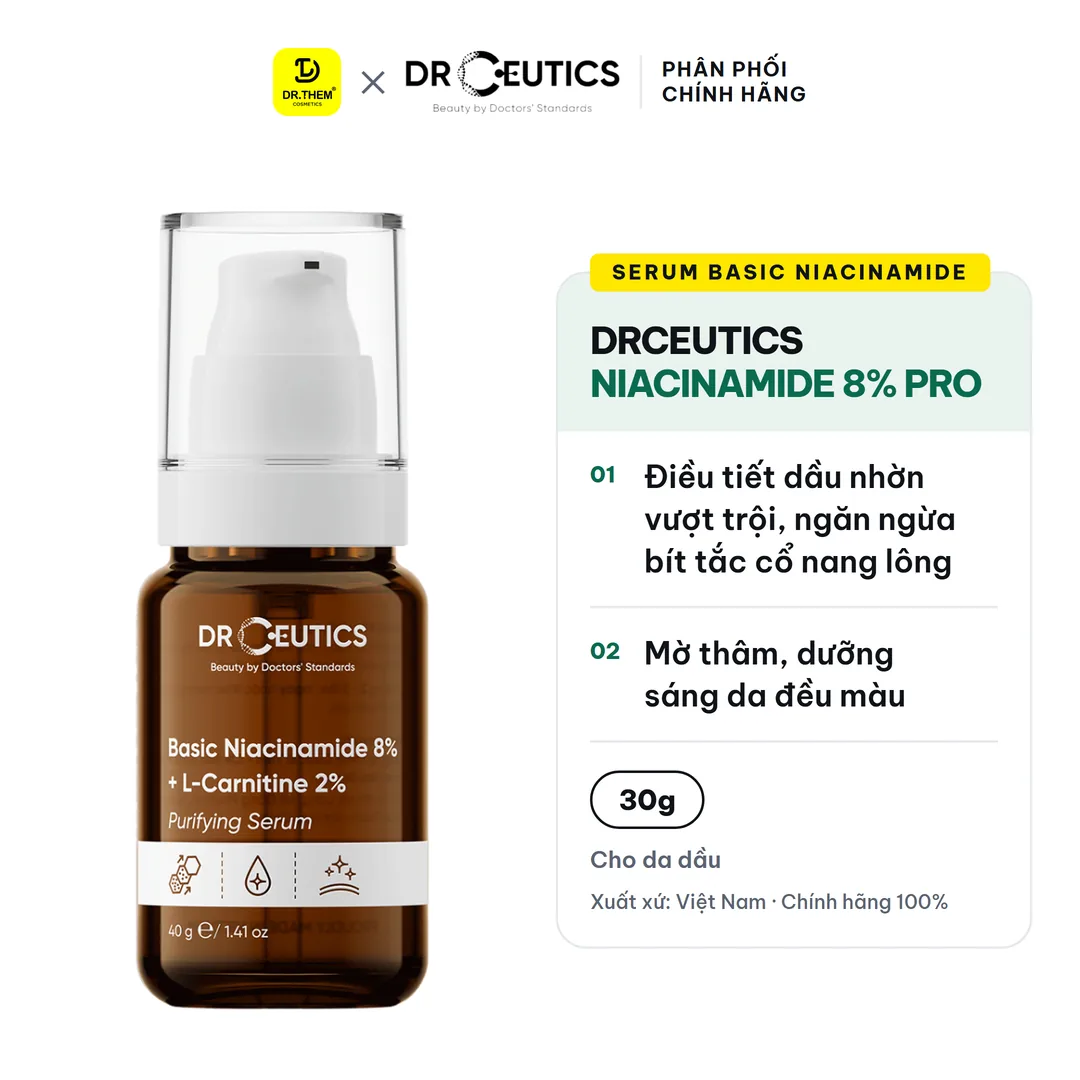 Serum Basic Niacinamide 8% + L-Carnitine 2% DrCeutics Điều Tiết Da Dầu 40g