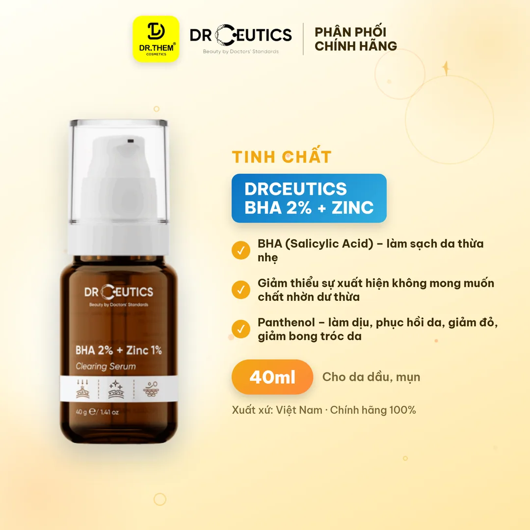 Tinh Chất DrCeutics BHA 2% + Zinc 1% Serum Hỗ Trợ Giảm Mụn Giảm Sưng Kiềm Dầu Cho Da Dầu Mụn 40ml 2
