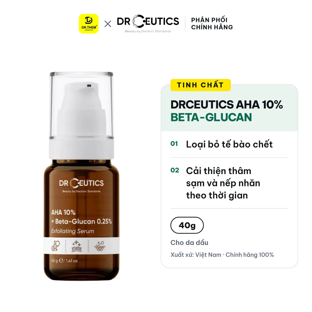 Tinh Chất DrCeutics AHA 10% + Beta-Glucan 0.25% Exfoliating Serum Tẩy Tế Bào Chết Hỗ Trợ Sáng Da Đều Màu 40g