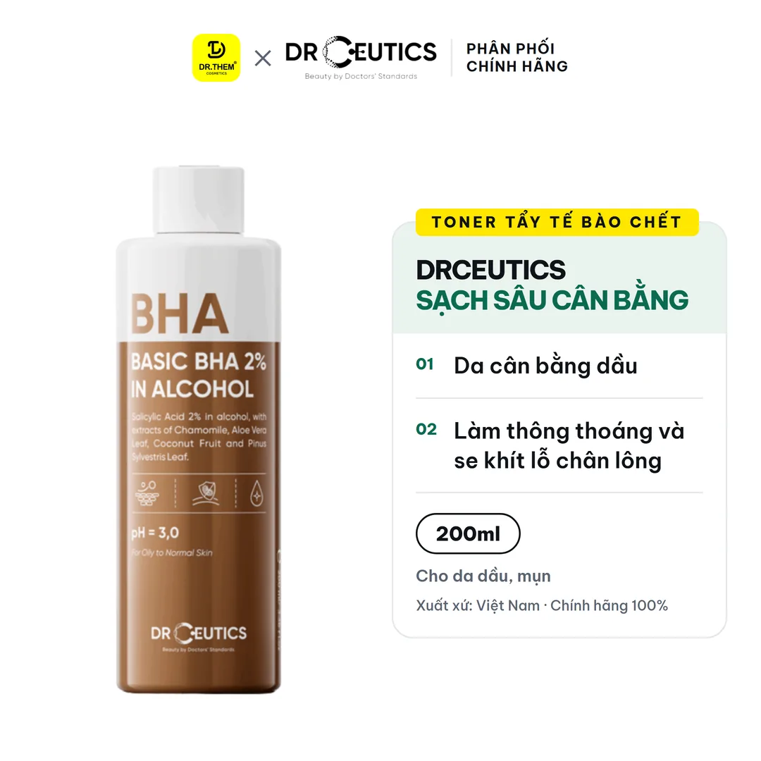 Toner Tẩy Tế Bào Chết Basic BHA 2% In Alcohol DrCeutics Làm Sạch Sâu Cân Bằng Da Cho Da Dầu Mụn 200ml