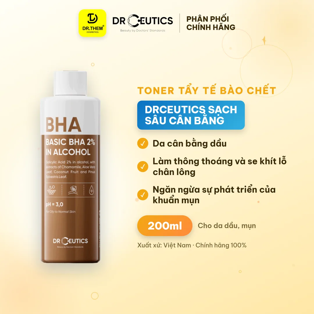 Toner Tẩy Tế Bào Chết Basic BHA 2% In Alcohol DrCeutics Làm Sạch Sâu Cân Bằng Da Cho Da Dầu Mụn 200ml