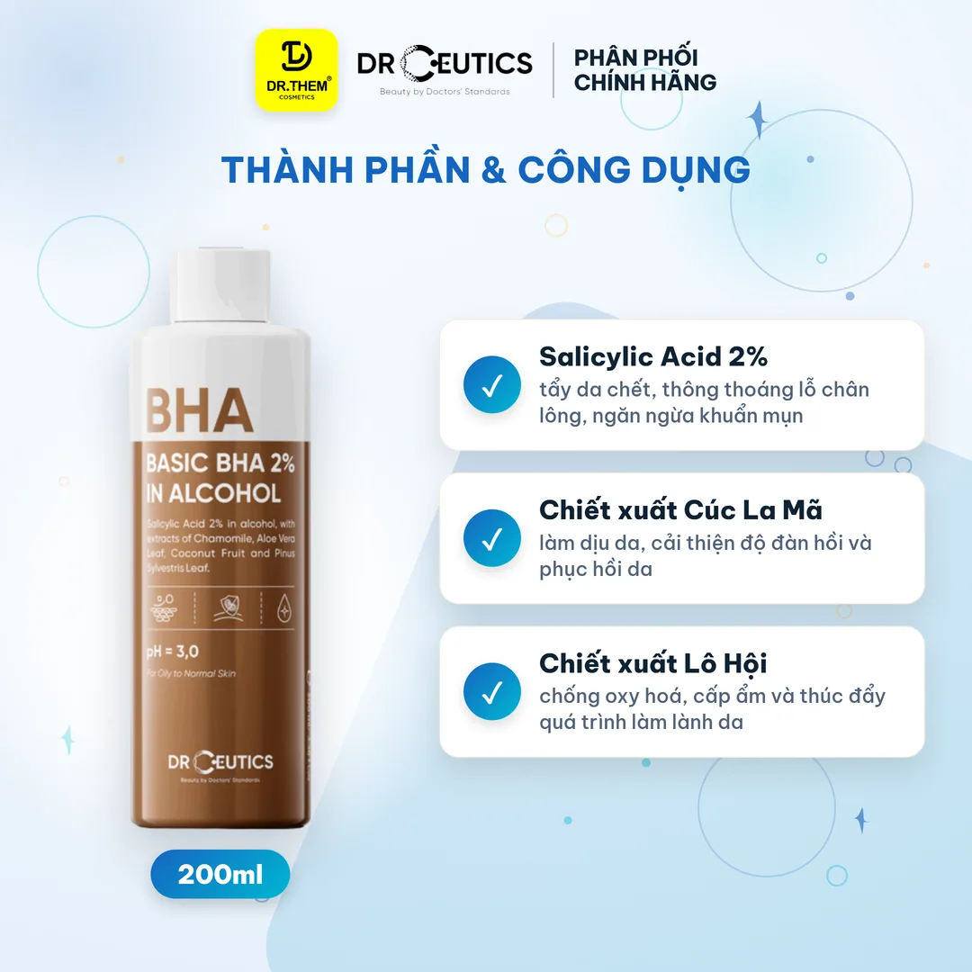 Toner Tẩy Tế Bào Chết Basic BHA 2% In Alcohol DrCeutics Làm Sạch Sâu Cân Bằng Da Cho Da Dầu Mụn 200ml 2