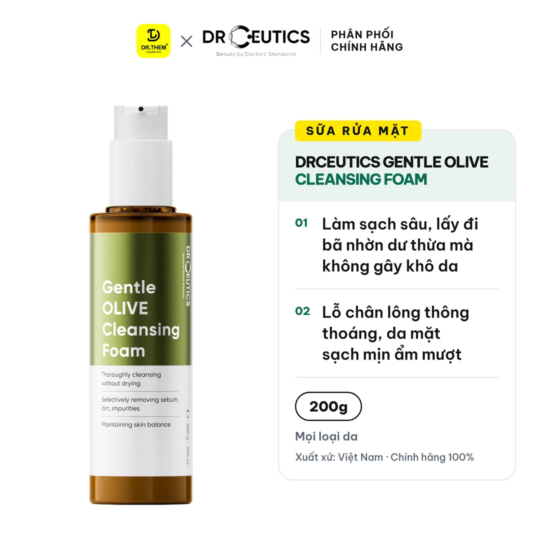 Sữa Rửa Mặt Drceutics Gentle Olive Cleansing Foam Làm Sạch Sâu Dịu Nhẹ Cân Bằng Ẩm Cho Mọi Loại Da - Cleansing Foam 200g