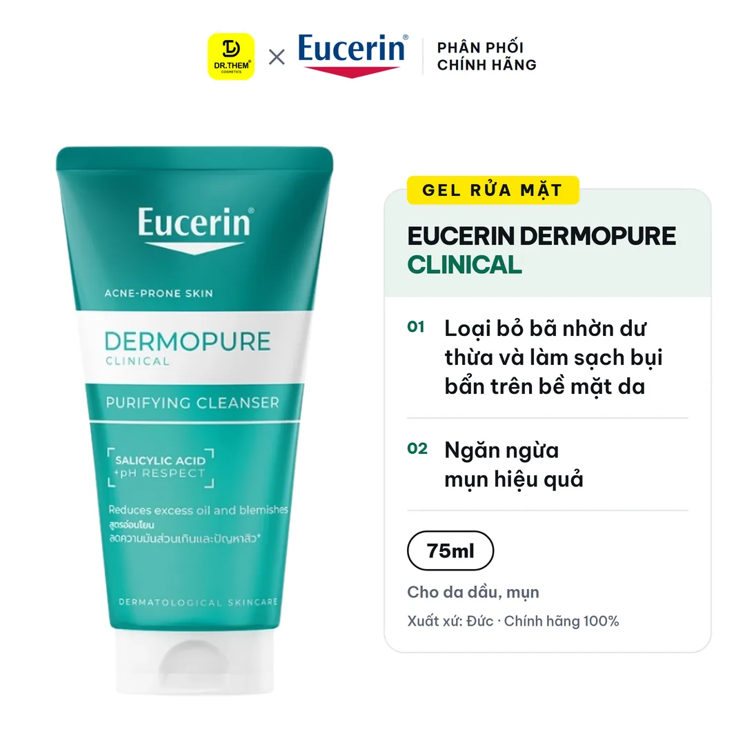 Gel Rửa Mặt Eucerin Dermopure Clinical Purifying Cleanser Làm Sạch Bã Nhờn Cho Da Nhờn Mụn 75ml