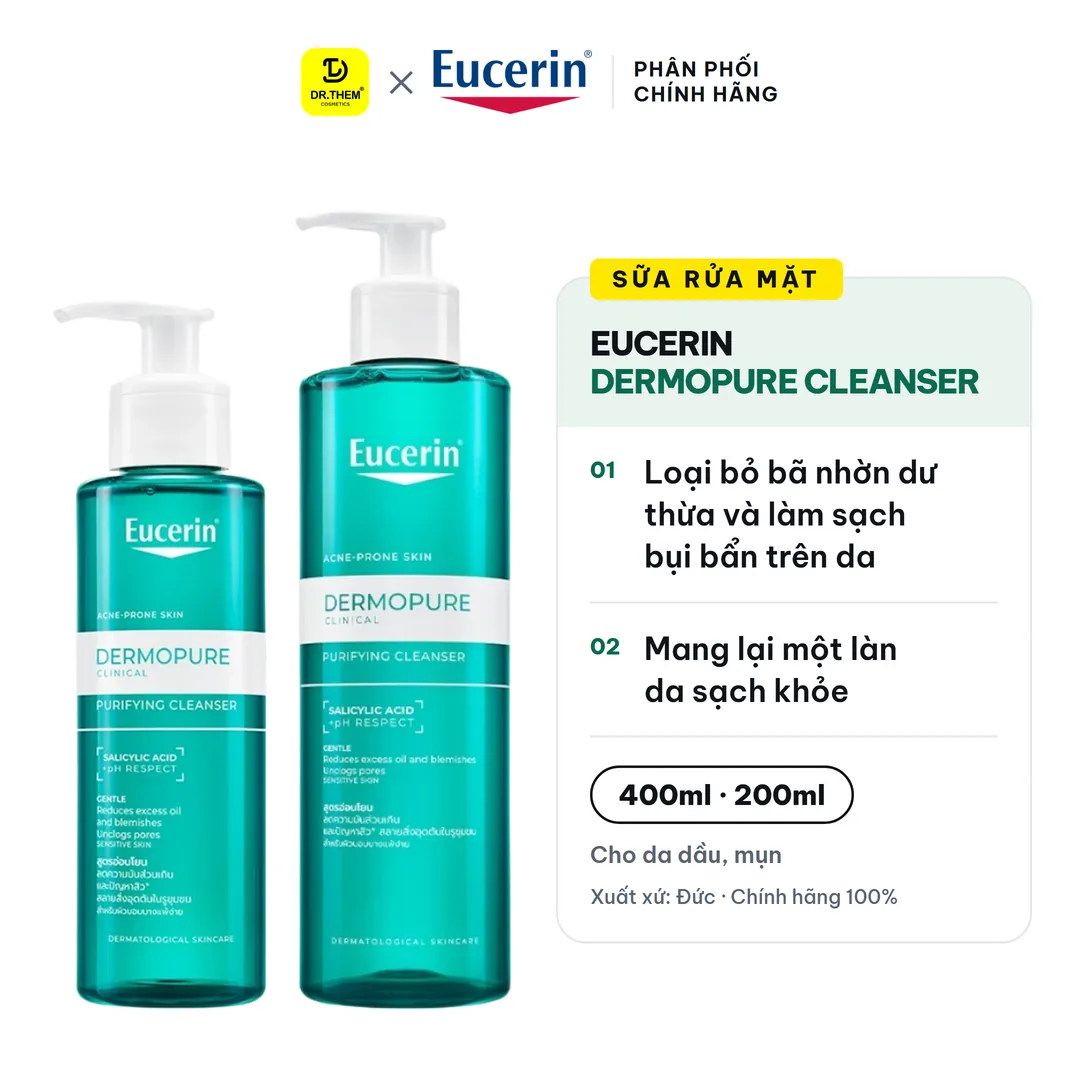 Gel Rửa Mặt Eucerin Dermopure Clinical Purifying Cleanser Làm Sạch Bã Nhờn Cho Da Nhờn Mụn 75ml 200ml 400ml